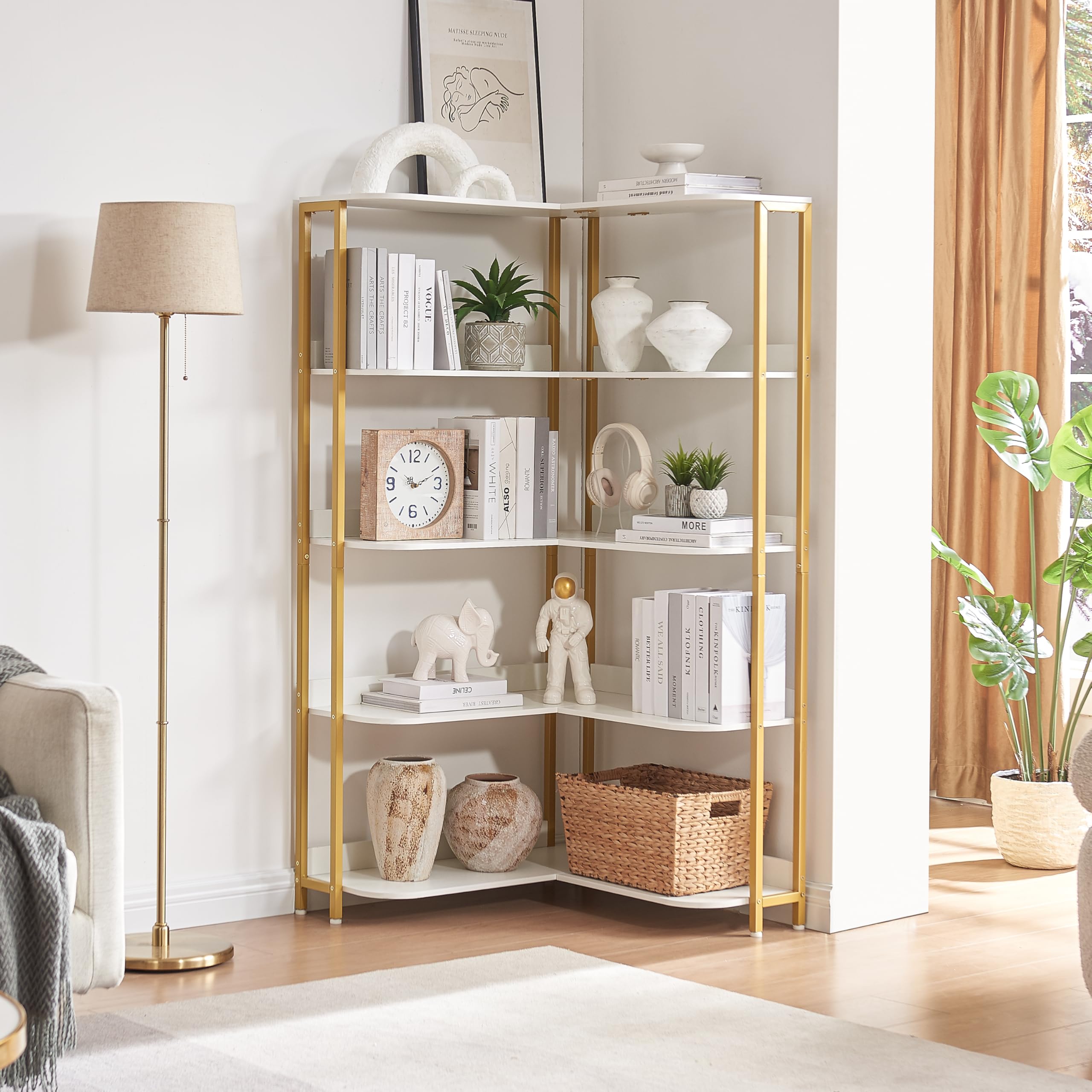 Gold L-Shaped Bookshelf, Modern Corner Bookshelf with Storage Corner
