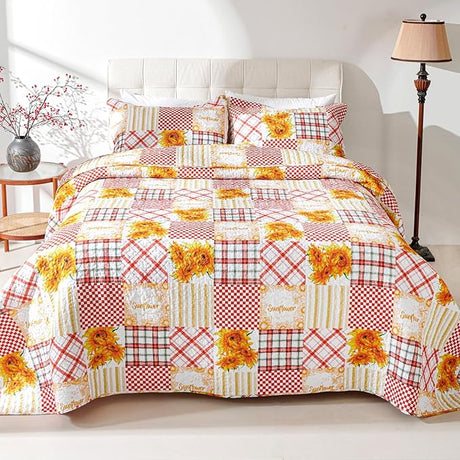 100% Cotton Quilt Queen Size Orange Sunflower Bedding Set Floral Lightweight Quilt