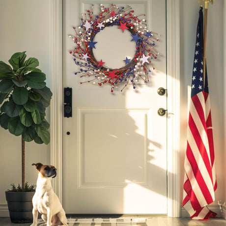 Patriotic Wreath, 20 Inch 4th of July Wreath for Front Door with Lights