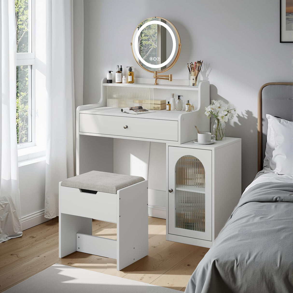 White Vanity Desk with 360° Rotated Mirror and Adjustable Lights, Makeup Vanity Table with Storage Chair and Side Cabinet, Dressing Table with Drawer for Bedroom