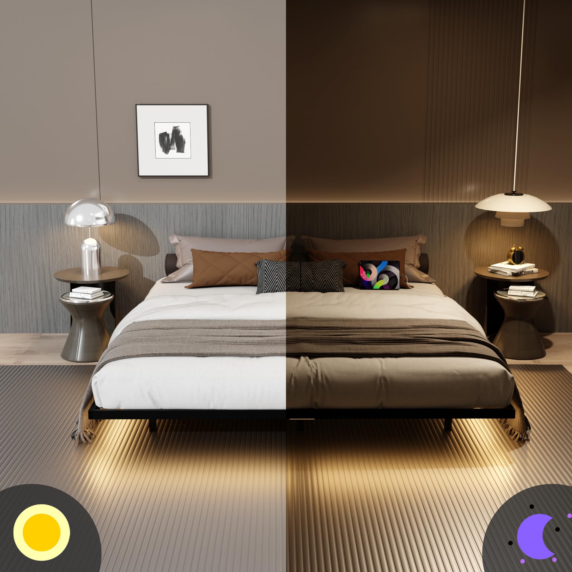 California King Floating Bed Frame with LED Lights