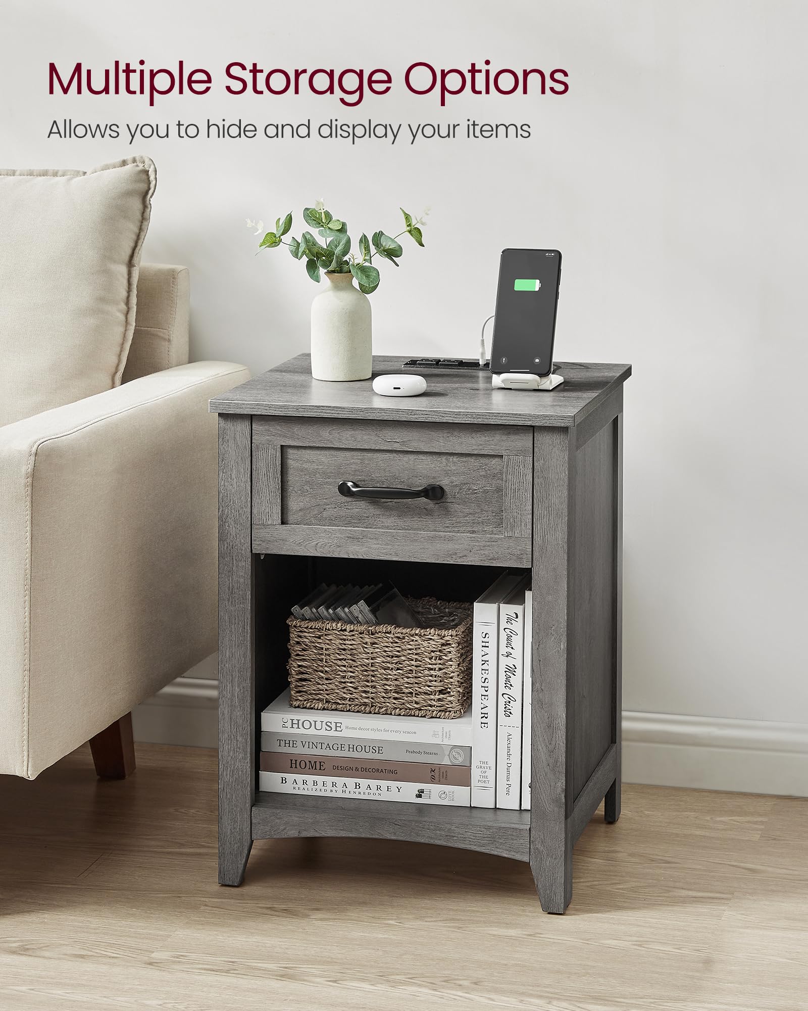 Farmhouse Nightstand with Charging Station, Bedside Table with Drawer