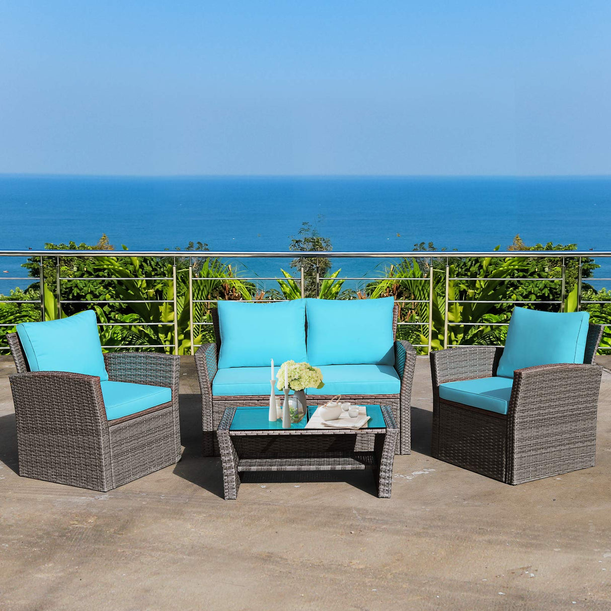 4 Pieces Patio Furniture Set, All Weather Outdoor Sectional Rattan Sofa Set