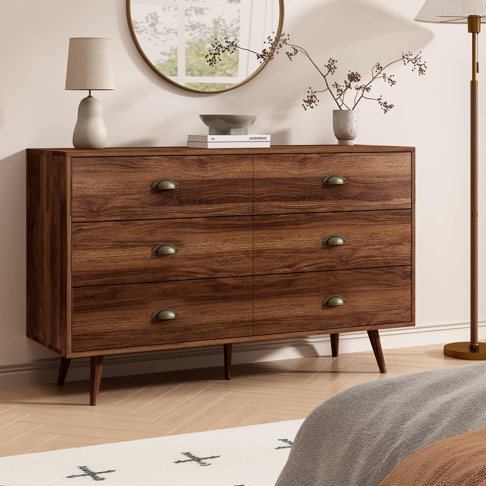 Walnut Brown Dresser for Bedroom - 6 Drawer Dresser
