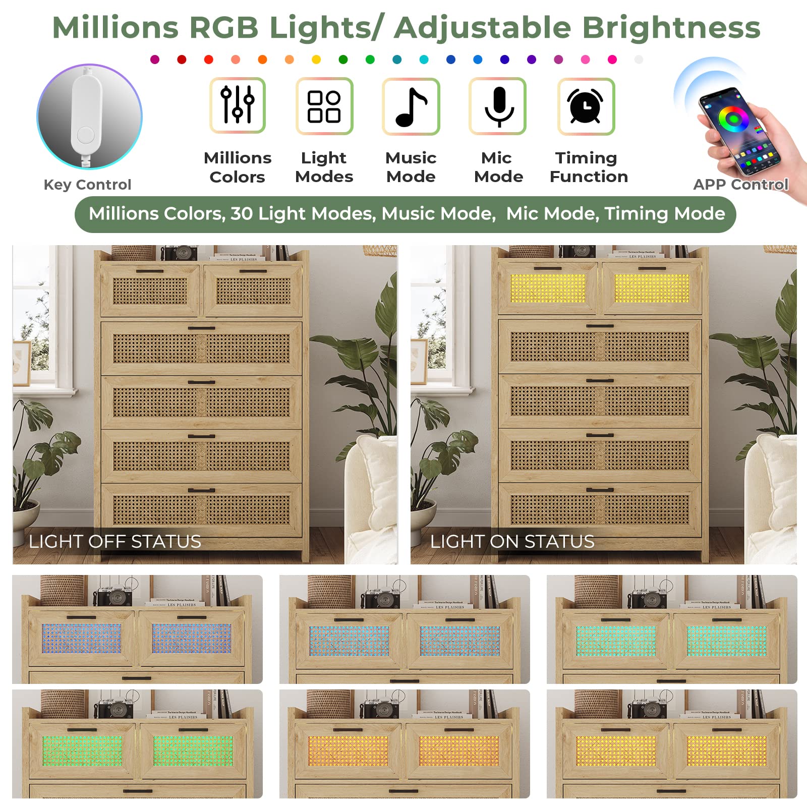 6 Drawer Dresser for Bedroom, Natural Rattan Wood Dressers with Led Light,