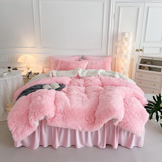 Gray Faux Fur Comforter Set Full/Queen 3 Pieces - 1 Shaggy Comforter 90x90 and