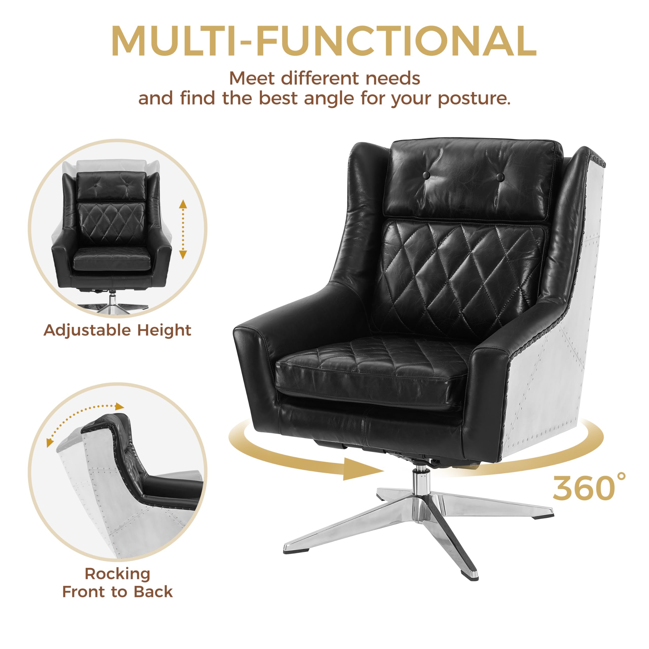 Genuine Leather Accent Chair, Set of 2, Mid Century Modern Swivel Armchair, Club Chair