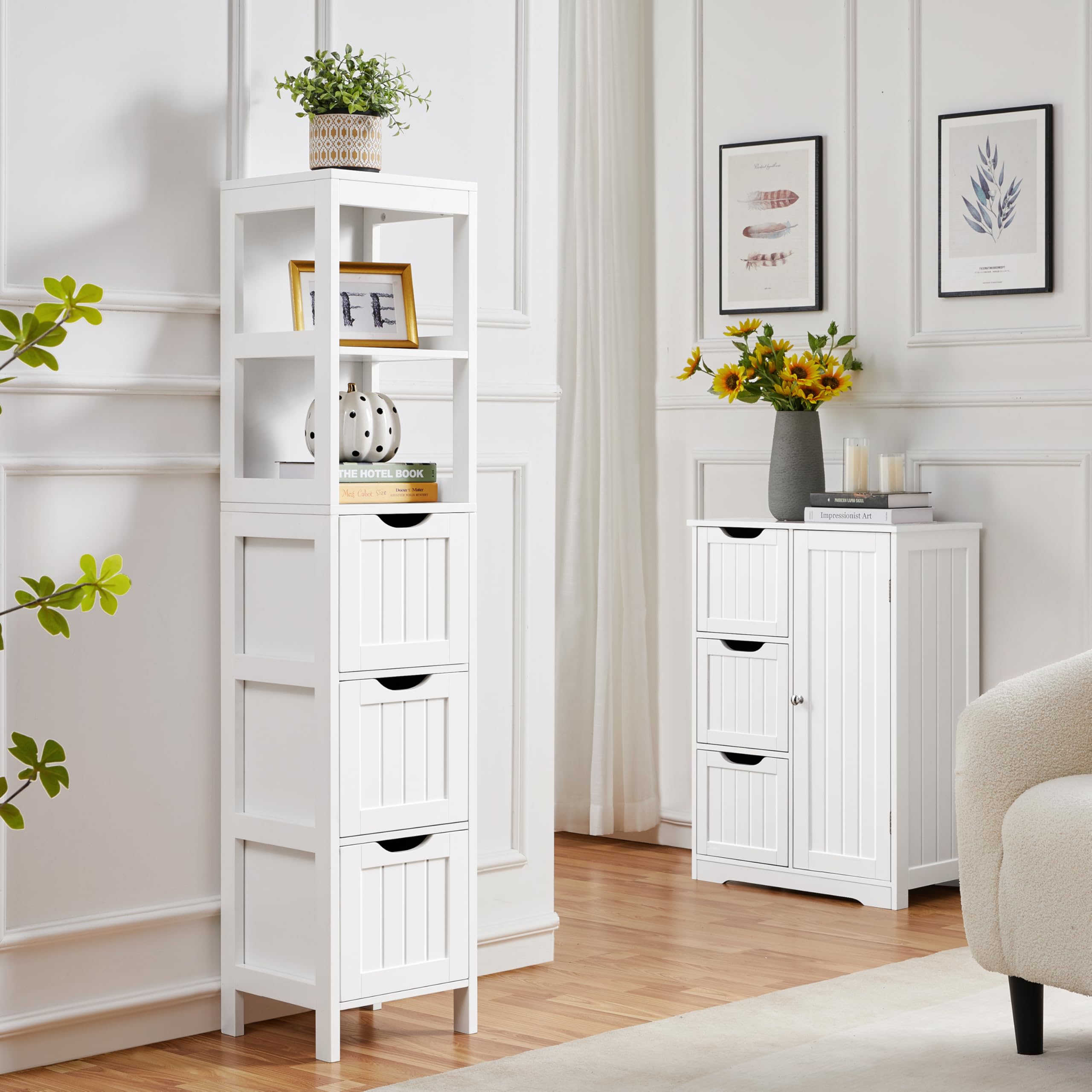 Bathroom Tall Cabinet, Slim Storage Cabinet, Narrow Freestanding Floor Cabinet with 3