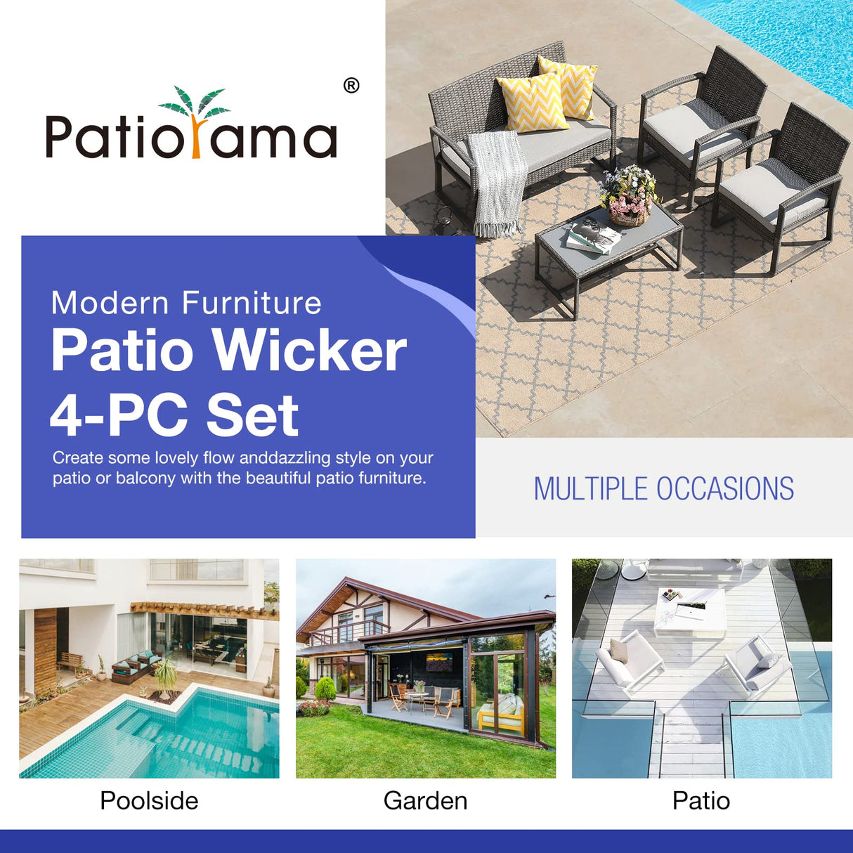 4 Pieces Outdoor Patio Furniture, Wicker Conversation, Modern Bistro Set