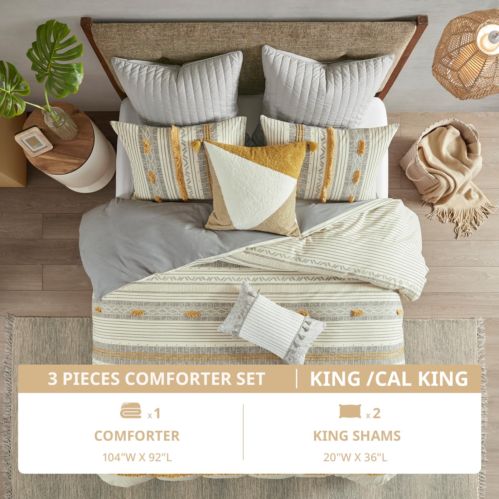 Cody King Comforter Set - Gray Yellow Boho Bedding with Pompom Trim