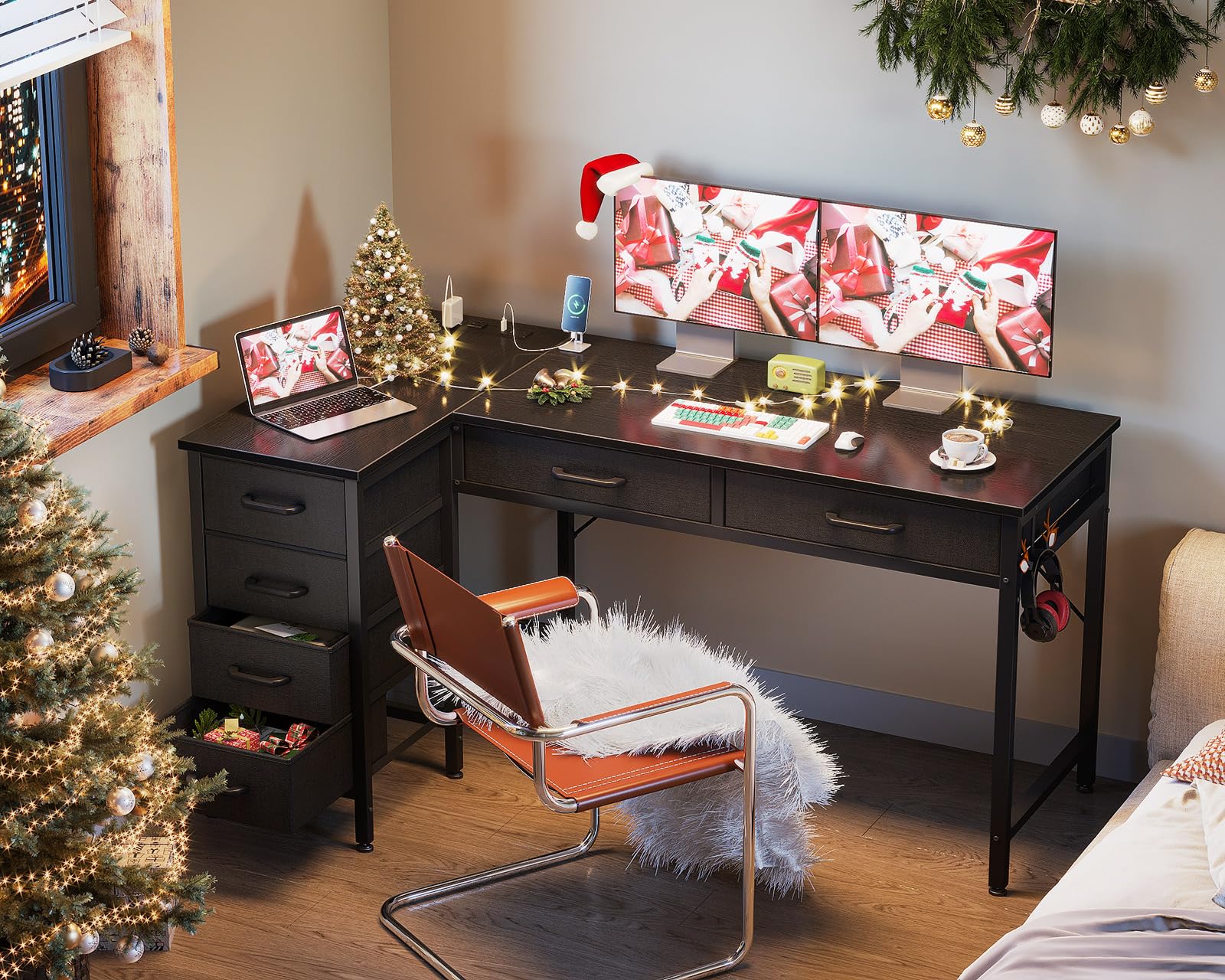 50 Inch L Shaped Desk with Drawers, Computer Desk with Power Outlets
