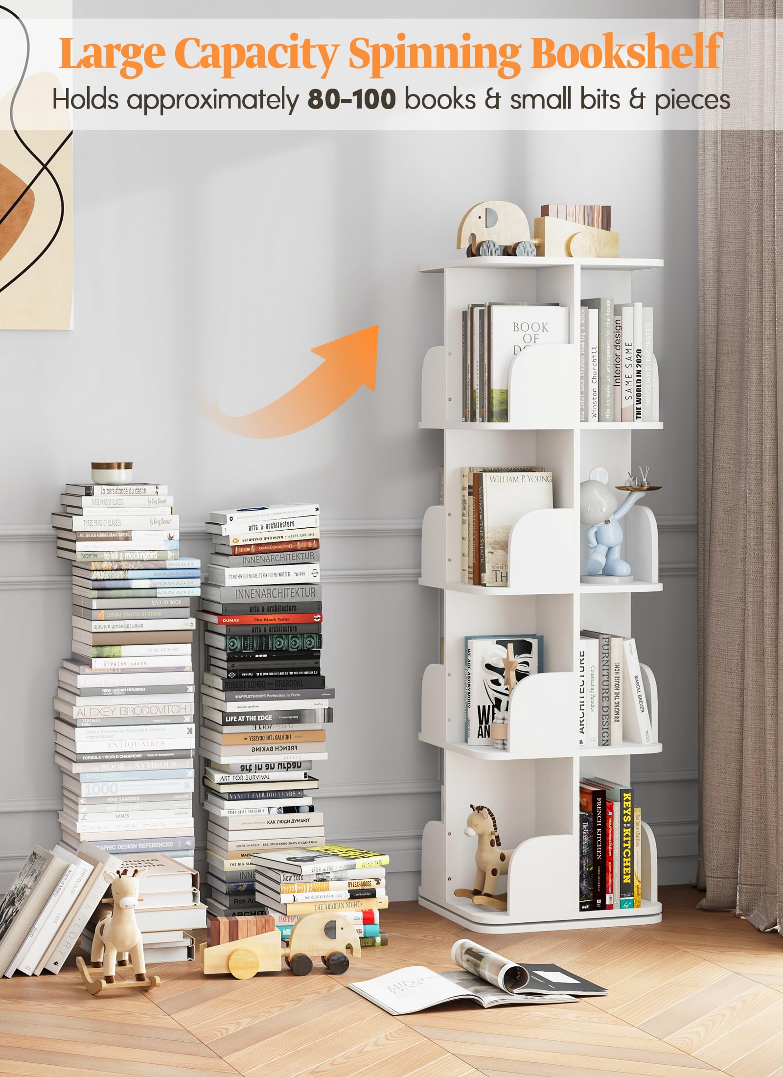 Bookshelf, Small Corner Bookshelf for Small Space, 360 Display 4 Tier Floor Standing