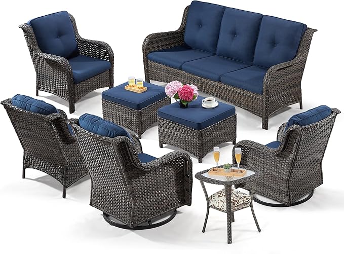 5 Piece Outdoor Patio Furniture Set Wicker Conversation Bistro Set Swivel Rocking Chairs with Side Table and Ottomans for Backyard, Porch, Deck(Mixed Grey/Orange)