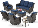 5 Piece Outdoor Patio Furniture Set Wicker Conversation Bistro Set Swivel Rocking Chairs with Side Table and Ottomans for Backyard, Porch, Deck(Mixed Grey/Orange)