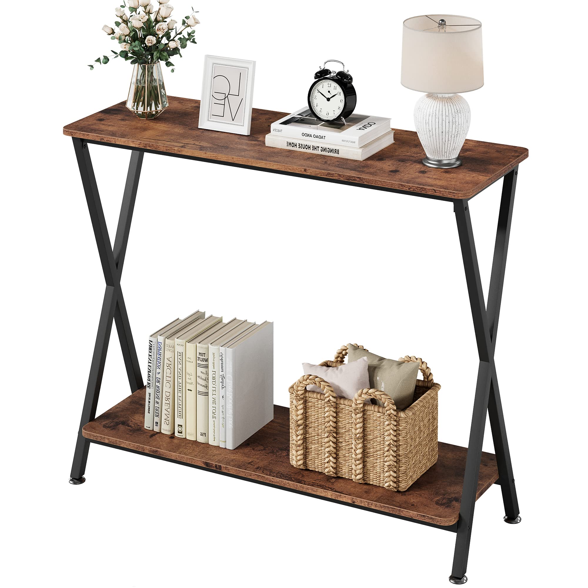 Console Table, Sofa Tables Narrow Entryway Table with Storage Shelf and Metal Frame,
