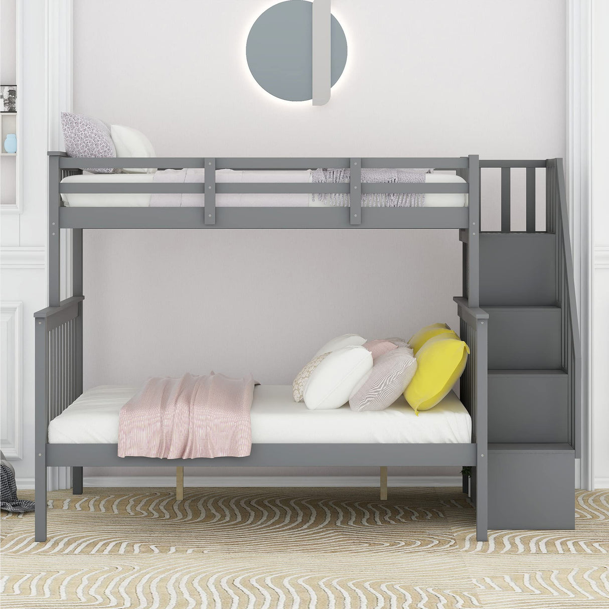 Bunk Bed with Staircase, Twin Over Full Bunk Bed with Storage, Bunk Bed Frames with Stairs, Convertible Bunk Beds for Teens, Kids(Grey)