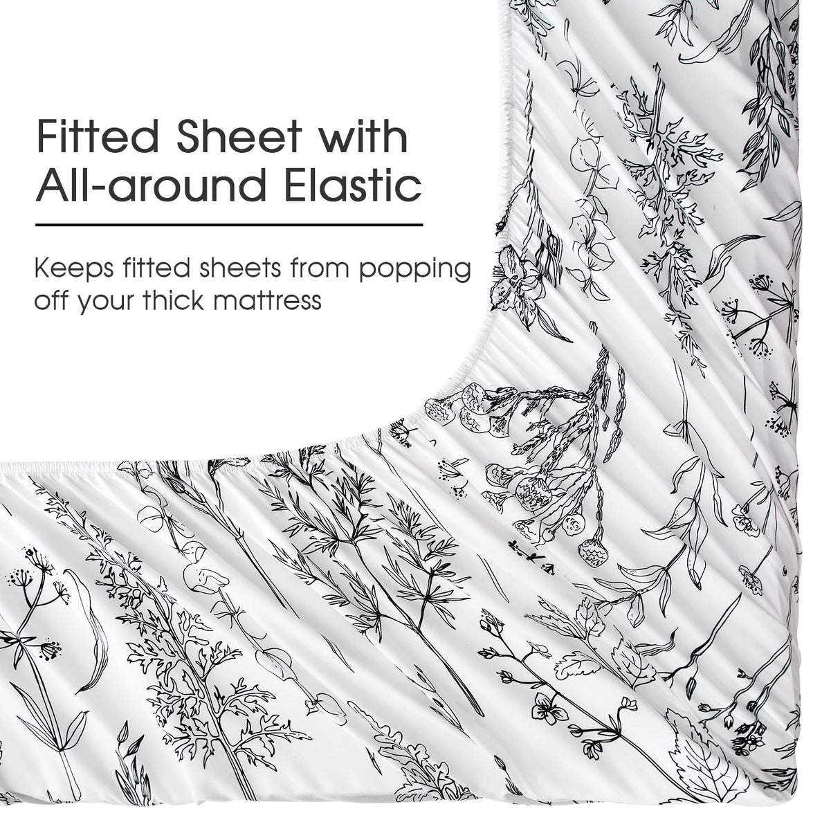 Floral Sheets Queen Size,18 inches Deep Pocket Sheets, 1800 Thread Count Black and White Leaf