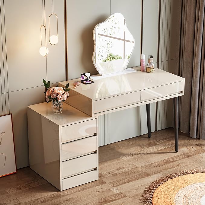 White Desk with 5 Drawers, Modern Home Office Desk with Storage Drawers and Printer