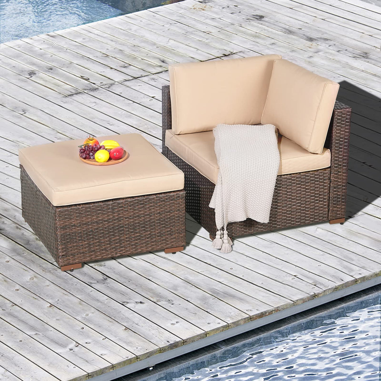 2-Piece Patio Furniture Sofa Set, Outdoor Sectional Sofa, All-Weather Brown PE Wicker