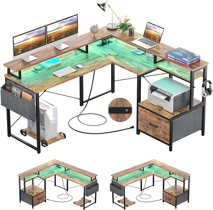 L Shaped Desk with Power Outlet and LED Strip, Reversible L Shaped Computer Desk