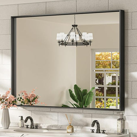 40x30 Inch Black Bathroom Vanity Mirror for Wall, Metal Frame, Wall-Mounted