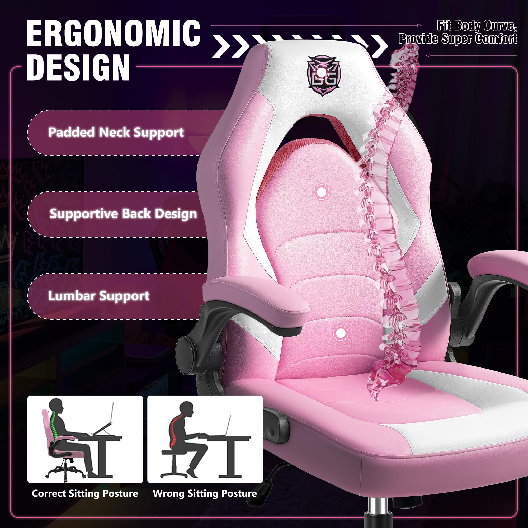 Ergonomic Gaming Chair with Lumbar Support - Pink Leather High-Back Office Chair