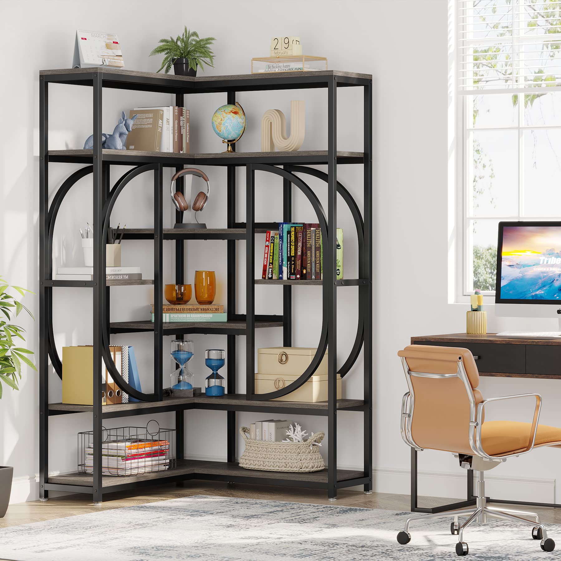 7-Shelf Corner Bookshelf, Large Modern Corner Bookcase, Tall L-Shaped Corner Shelf