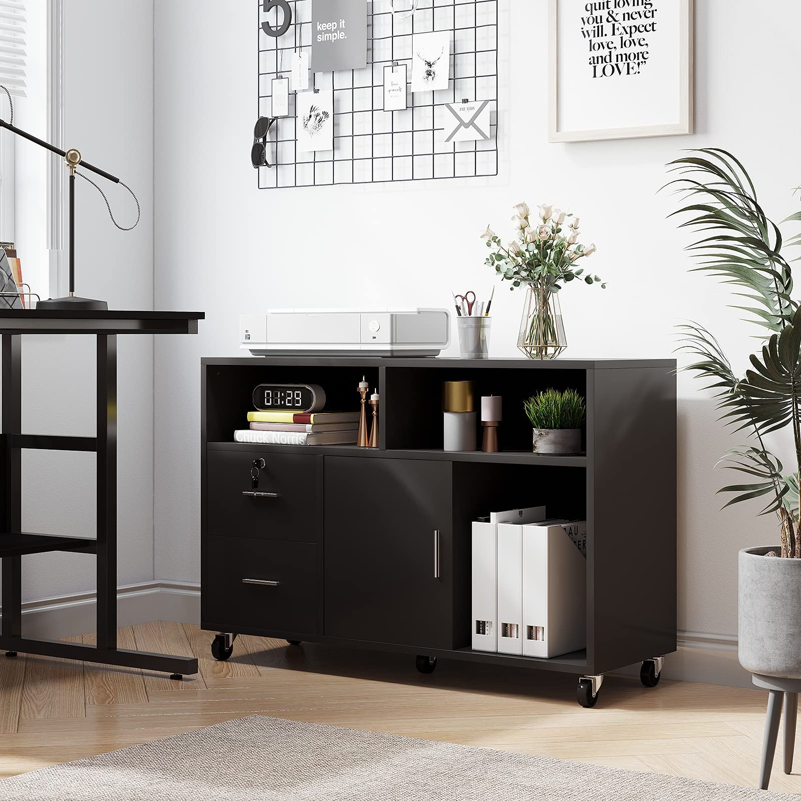 Wood File Cabinet, 2 Drawer Mobile Lateral Storage Cabinet Printer Stand