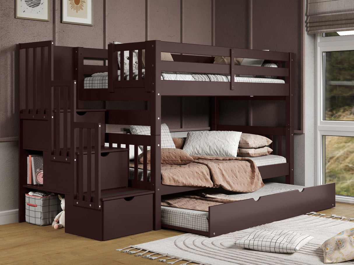 Bunk Beds Twin over Twin with 3 Drawers in the Steps and a Twin Trundle, Dark Cherry