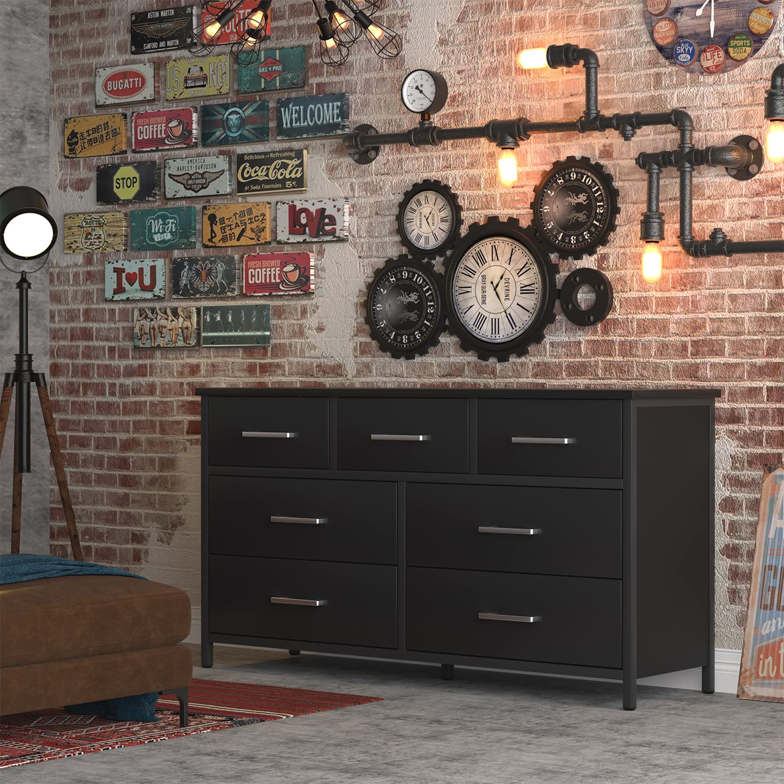 7 Drawer Dresser for Bedroom, Industrial Wood Storage Organizer