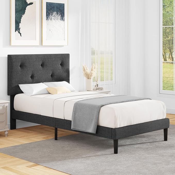 Queen Size Platform Bed Frame with Fabric Headboard, Strong Wooden Slats,