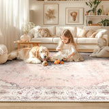 meejou Area Rugs 5x7 Rug with Floral Printed Pattern Washable Rugs Non Slip Backing Area Rugs for Kids and Girls Bedroom and Nursery Room Indoor Carpet Light Pink