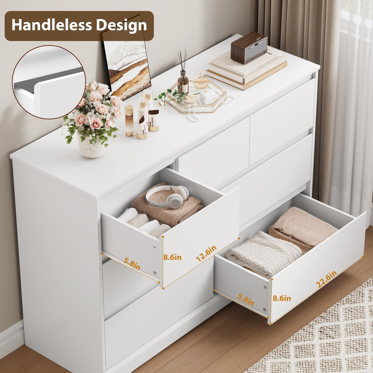 Modern White Dresser, Tall Chest of Drawers with Storage, 7 Drawer Double Dresser