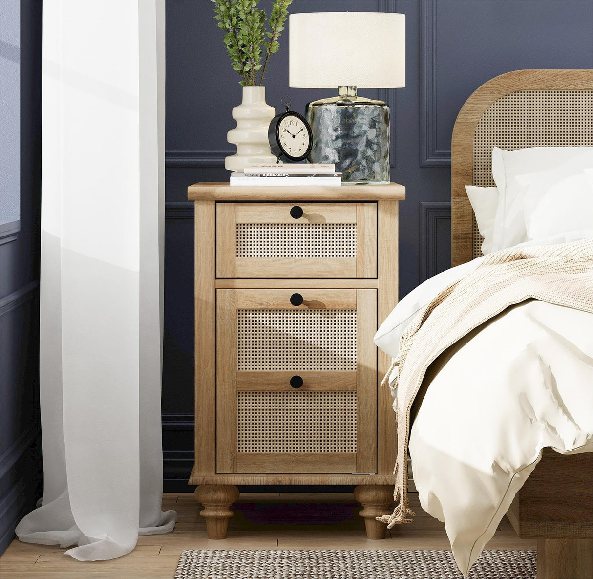 2 Piece Bedroom Set - Includes Bedroom 7 Drawer Dresser, Rattan Side Table