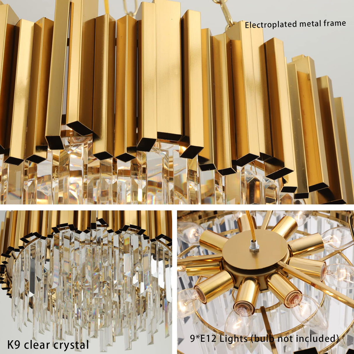 AKDXIRUN Gold Crystal Chandelier 9 Lights Round W22in + 3 Lights Chandelier W12 for Dining Room Living Room Bedroom Kitchen Island