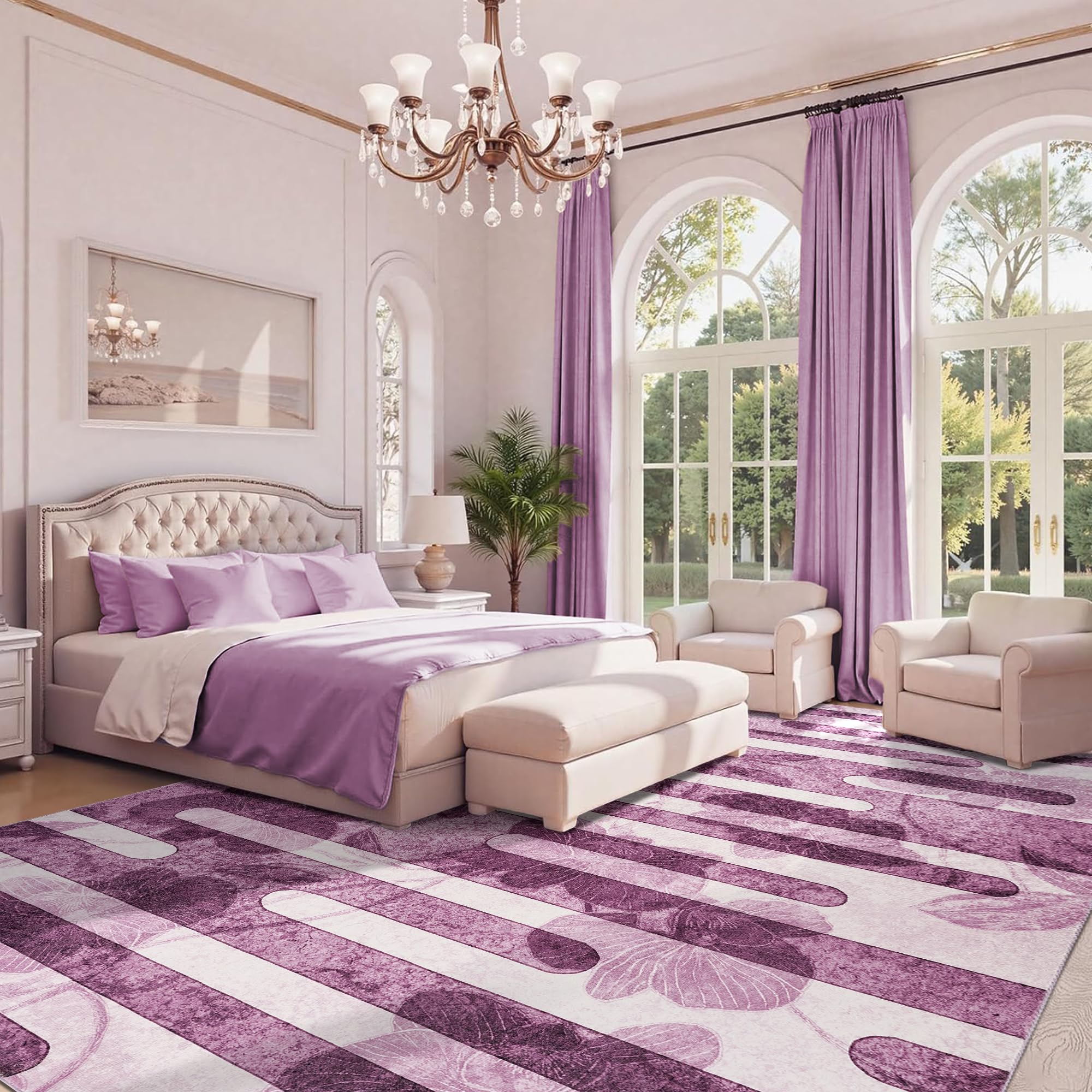 DSKOGYEM Abstract Modern Area Rug, Washable 10x14 Area Rugs with Non-Slip Backing, Ultra Thin Soft Wave Striped Rug for Living Room, Bedroom, Dining Room, Nursery (Purple/White)