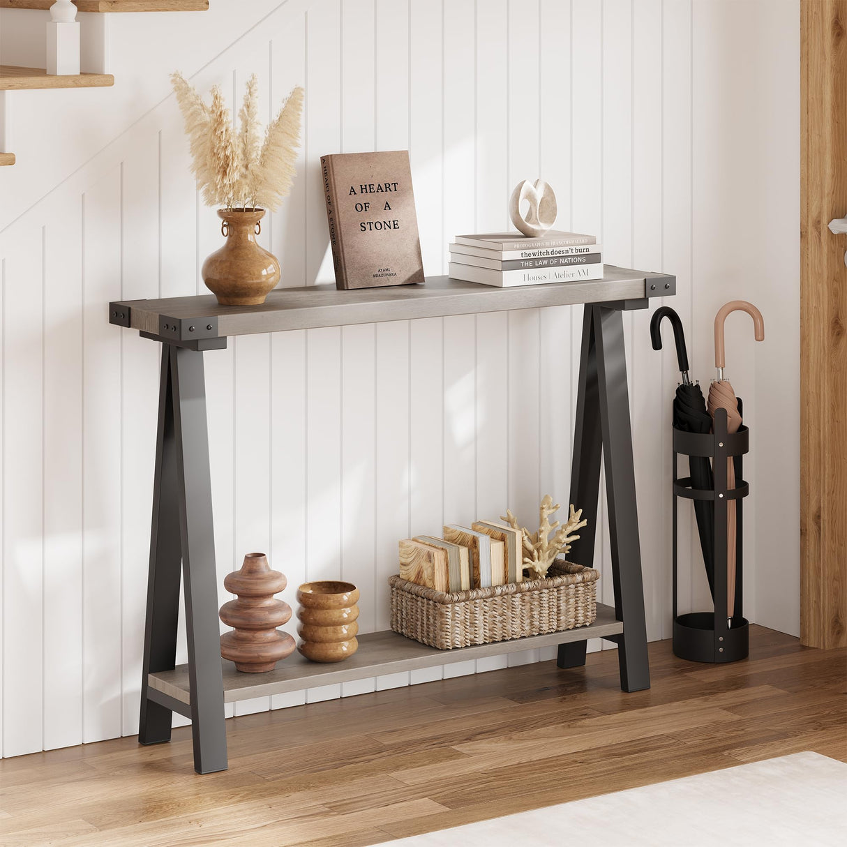 Farmhouse Console Table, 43.3" Entryway Table with Storage, 2 Tier Sofa Table