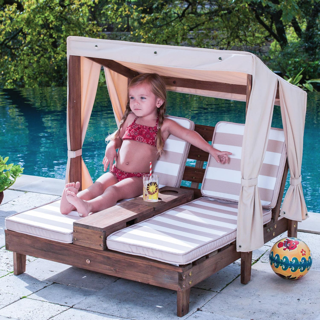 Wooden Outdoor Double Chaise Lounge with Cup Holders, Patio Furniture for Kids or Pets
