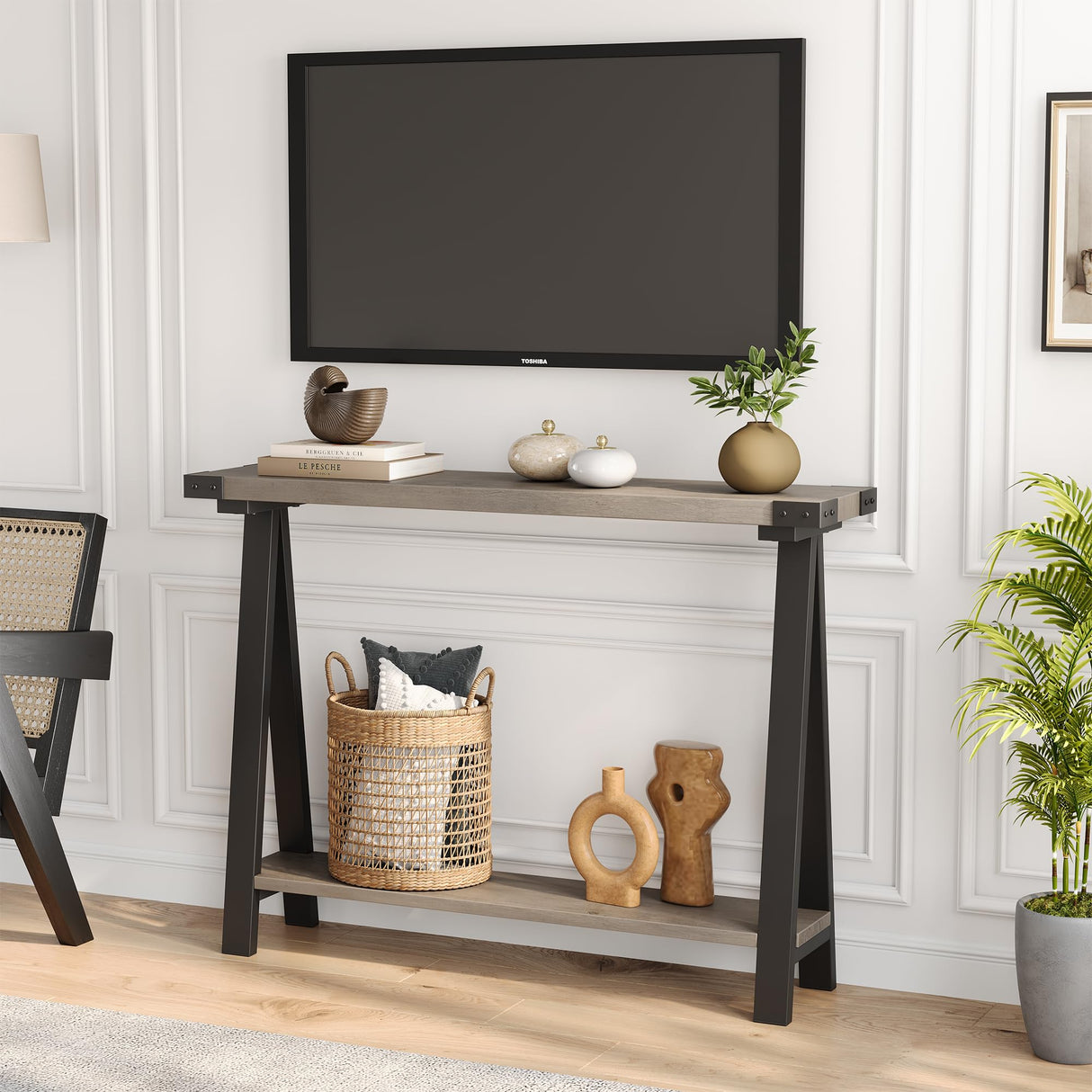 Farmhouse Console Table, 43.3" Entryway Table with Storage, 2 Tier Sofa Table