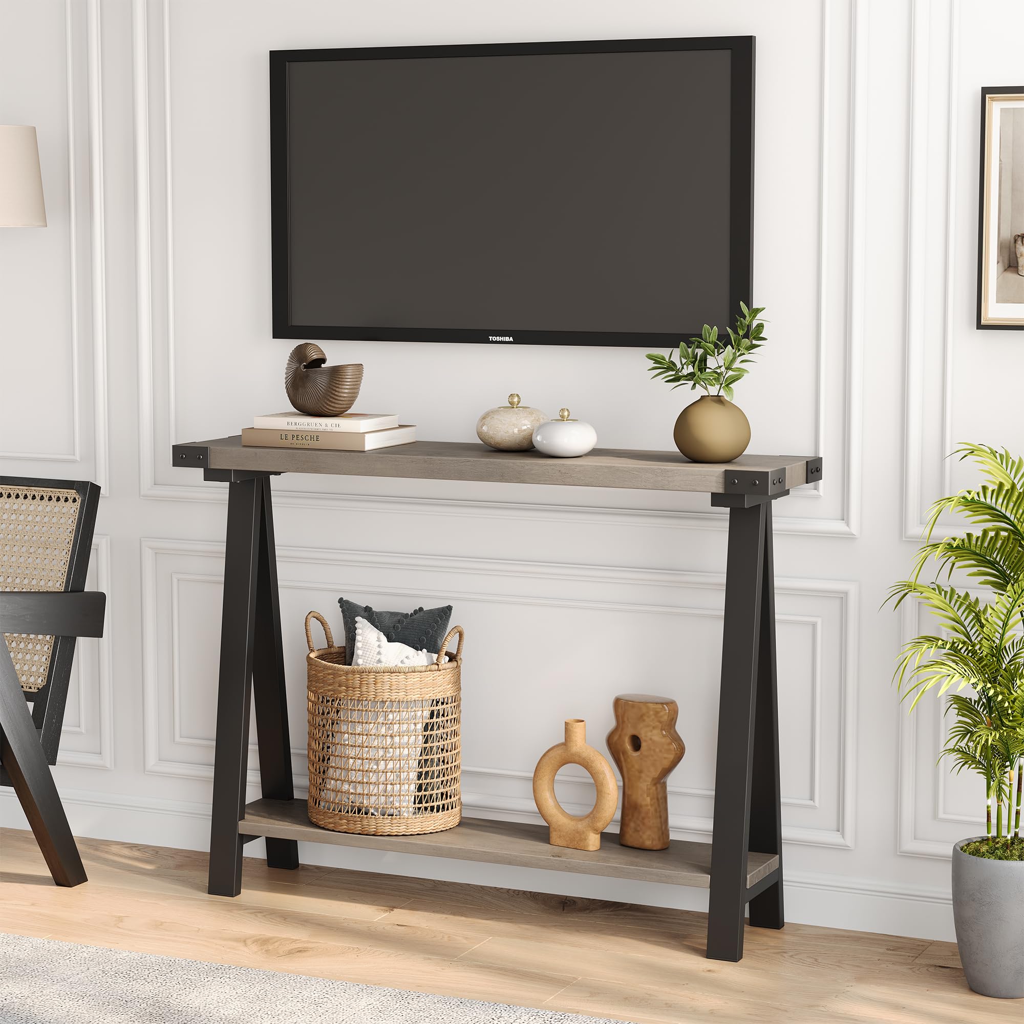 Farmhouse Console Table, 43.3" Entryway Table with Storage, 2 Tier Sofa Table