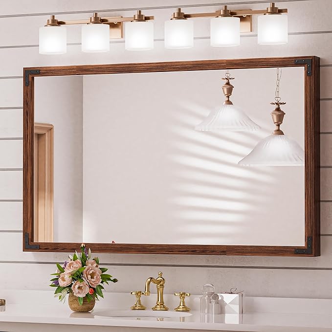 40 x 30 Inches Wood Frame Mirror for Wall, Dark Brown Walnut Wood Farmhouse Bathroom