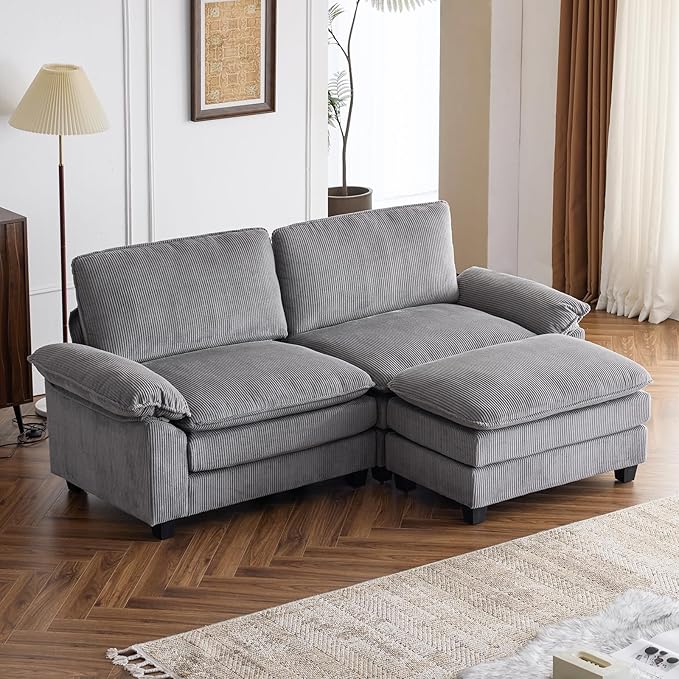 Sectional Sofa Modular Deep Seat Sofa Couch with Ottoman, Corduroy Sofa Sleeper Comfy Upholstered Furniture for Living Room, Apartment, Studio, Office, (3-Seat & 2-Ottoman, Gray)