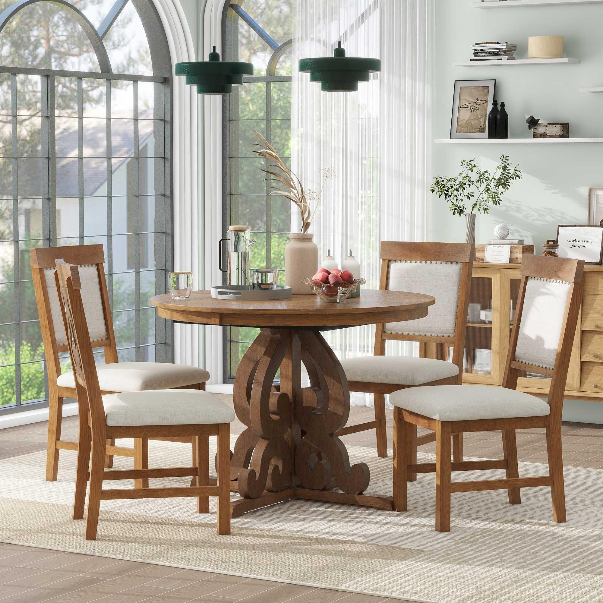 Round Solid Wood Dining Table Set for 4 - 5-Piece Farmhouse Kitchen Set