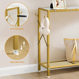 Gold Console Table, 2 Tier Narrow Entryway Table with Shelves and Hooks,