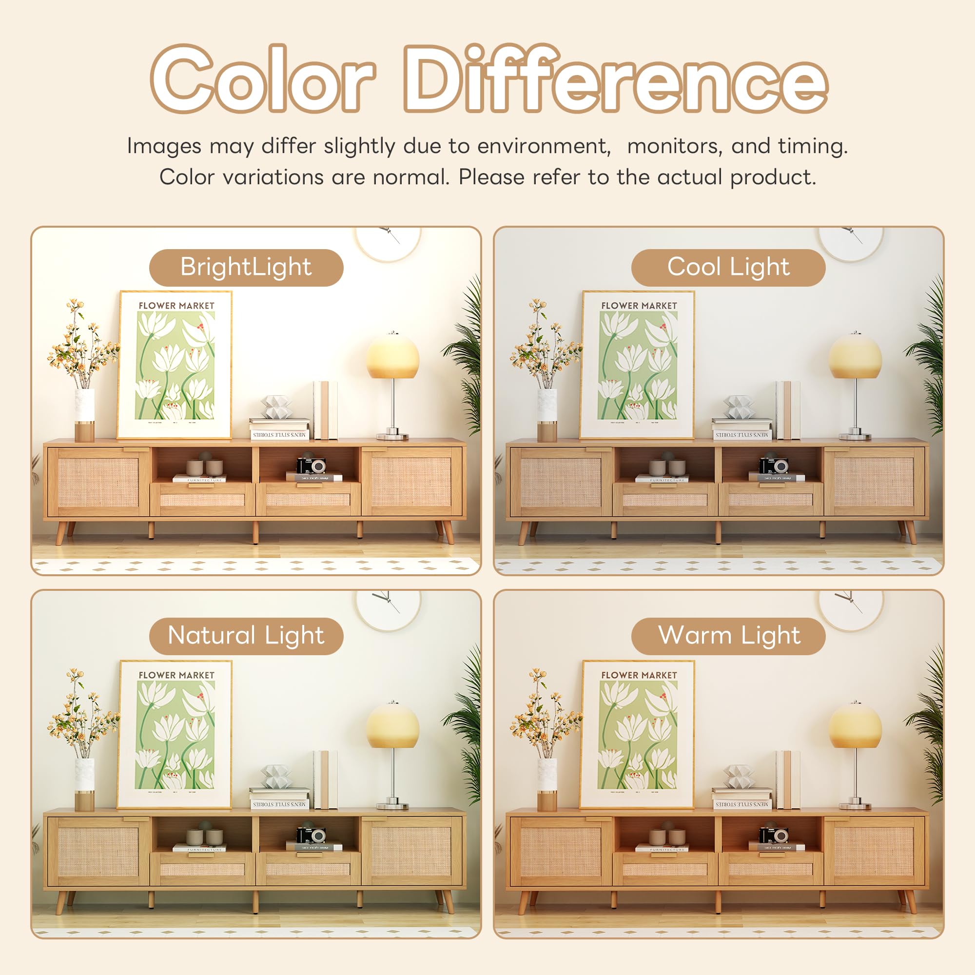 Rattan TV Stand for TVs up to 85" - Boho Entertainment Center with Storage