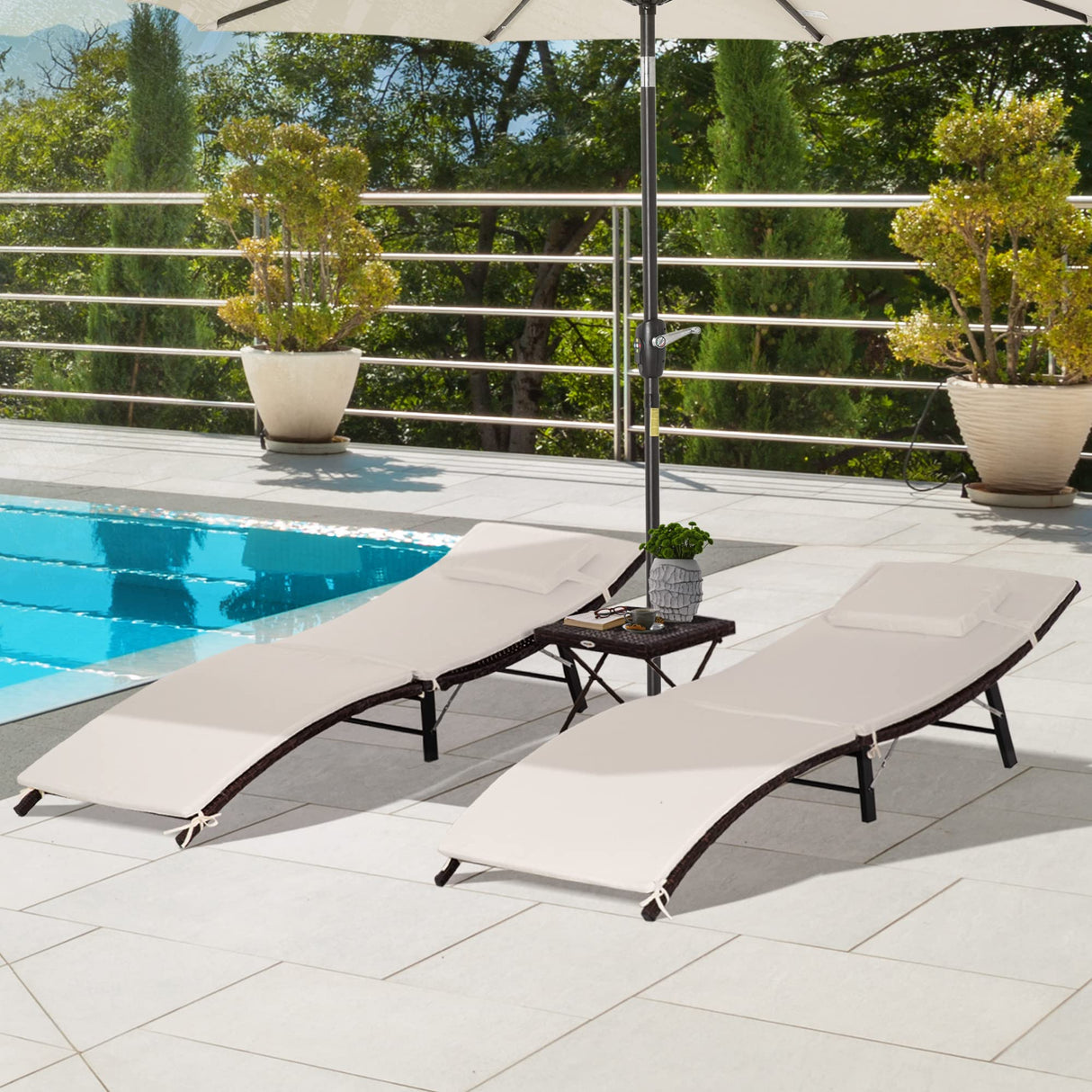 Chaise Lounge Set, 3 Pieces Outdoor Folding Wicker Ledge Loungers Chair with Folding