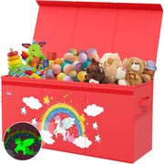 RUTIFUN Extra Large Kids Toy Storage Organizer, Collapsible Toy Baskets Storage, Large Toy Chest Basket with Lid, Unicorn Baby Toy Bins for Girls, Toy Box for Boys, w/Glow-in-the-Dark Stickers, Red
