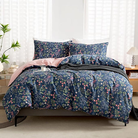 Floral Queen Comforter Set 3 Pieces Soft Cotton Chic Garden Style Floral Print Lightweight Vintage Botanical