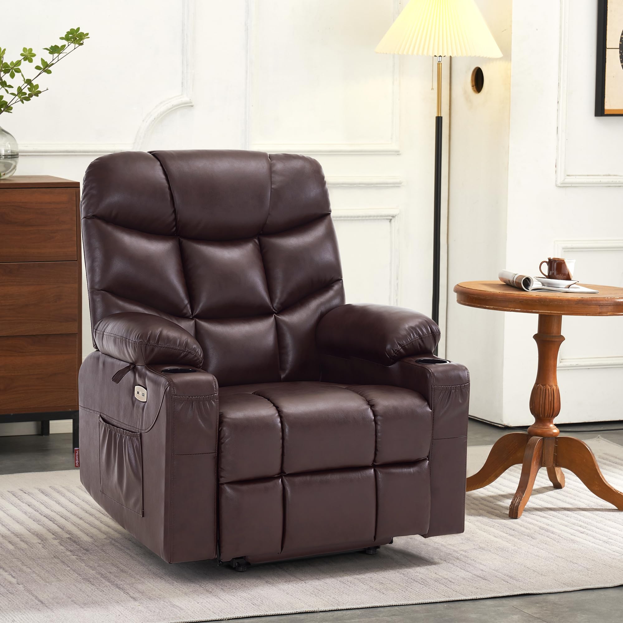 MCombo Power Lift Recliner Chair, 2 Cup Holders, USB Ports for Elderly People, Faux Leather 7287 (Dark Brown, Medium-Regular)