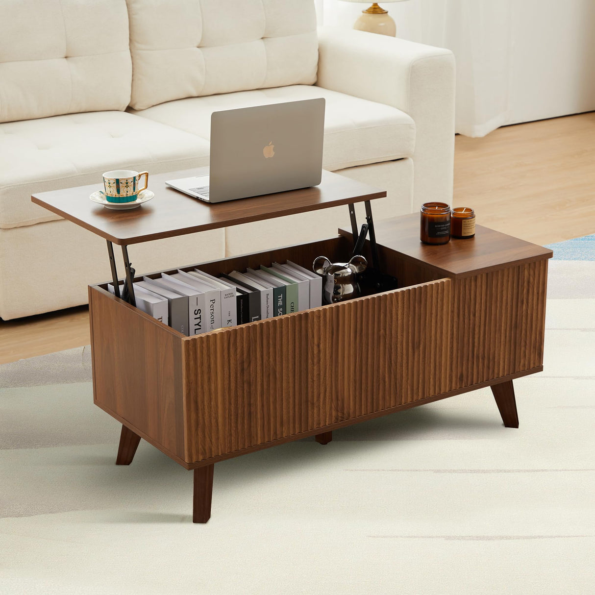 Wooden Fluted Lift Top Coffee Table with Hidden Compartment